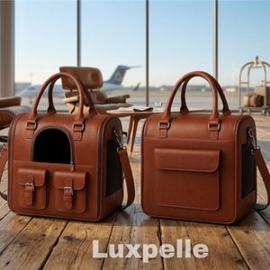 May include: Two brown leather pet carriers with top handles, shoulder straps, and front pockets. One carrier has a large opening and two smaller pockets with buckles. The other carrier has a single pocket. The word "Luxpelle" is at the bottom.
