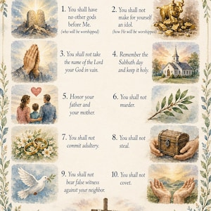 Peut inclure: Illustration à l'aquarelle des Dix Commandements avec le texte d'Exode 20. L'image comprend des illustrations des tables de la loi, d'un veau d'or, de mains en prière, d'une église, d'une famille, d'une branche, d'un coffre au trésor, d'alliances, d'une colombe, d'une croix et de mains ouvertes.