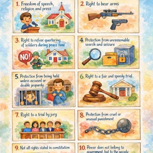 May include: Watercolor illustration of the Bill of Rights, featuring 10 amendments. Each amendment is depicted with a corresponding image, including a church, guns, a soldier, a magnifying glass, a gavel, and an American flag. The title is in a banner.