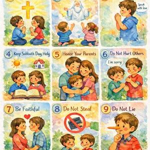May include: A colorful illustration of the Ten Commandments, featuring children and adults in various scenes. The text "The 10 Commandments" is at the top, with each commandment depicted in a separate panel. The artwork is in a watercolor style.