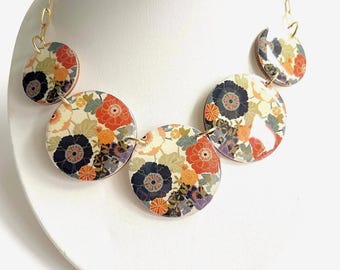 Asian Floral Bib Necklace | Resin & Wood Circle Jewelry