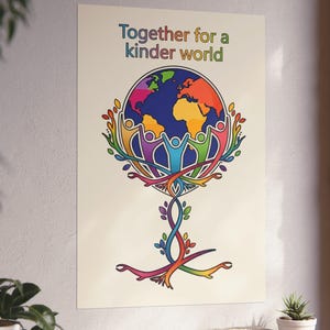 Può includere: Un poster con la scritta "Together for a kinder world" sopra un'illustrazione colorata. L'illustrazione raffigura un globo circondato da figure che si tengono per mano, collegato a una struttura ad albero con foglie arcobaleno.