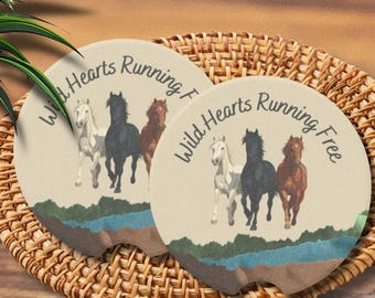 Running Horses Coasters | Soapstone Set of 2 Equestrian Decor | Wild Hearts Running Free Design | Natural Horsemanship Gift Her