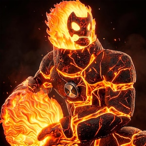 Puede incluir: Representación 3D detallada de un personaje de fuego con un cuerpo similar a la lava y una cabeza en llamas. El personaje tiene una cara en forma de máscara con ojos brillantes y un símbolo en el pecho. La combinación de colores es naranja, rojo y negro.