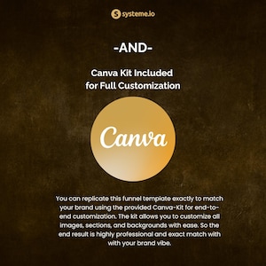 May include: A digital graphic with the Systeme.io logo at the top. The text reads "-AND-" and "Canva Kit Included for Full Customization." A gold circle features the word "Canva." The bottom text explains the kit's customization features.
