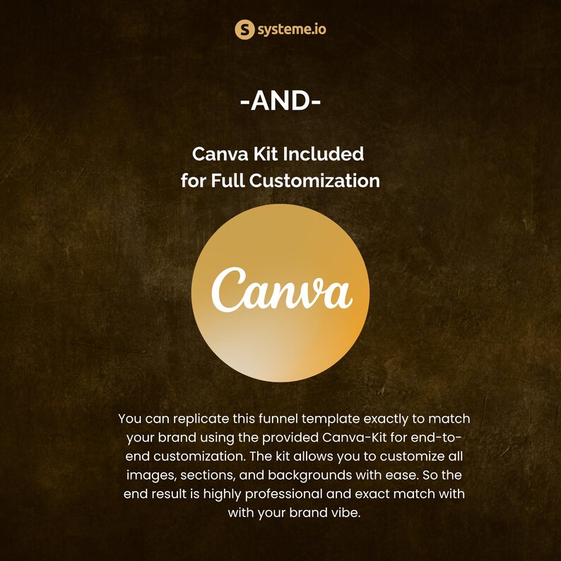 May include: A digital graphic with the Systeme.io logo at the top. The text reads "-AND-" and "Canva Kit Included for Full Customization." A gold circle features the word "Canva." The bottom text explains the kit's customization features.