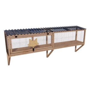 May include: A wooden rabbit hutch with a corrugated metal roof. The hutch has wire mesh sides and a fox-shaped cutout on the door. It is supported by wooden brackets. The hutch is designed for outdoor use.