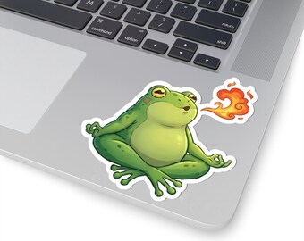 Meditating Frog Sticker | Kiss-Cut Sticker, Fire Breath Illustration