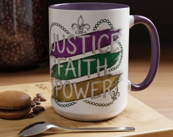 Mardi Gras Coffee Mug | NOLA Fleur de Lis, Justice Faith Power