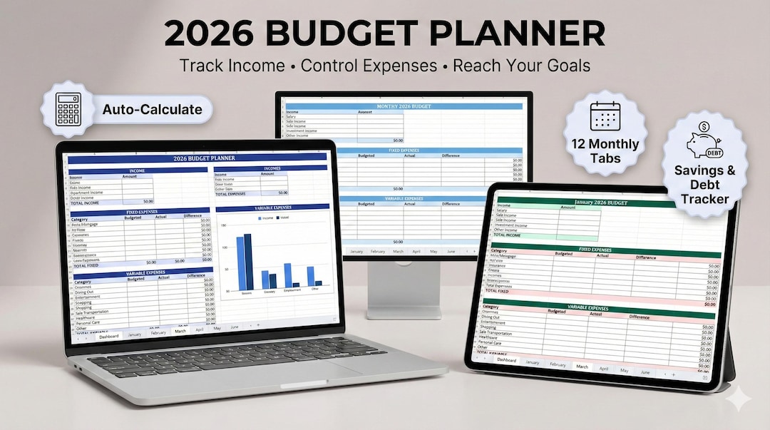 2026 Budget Planner | 3 Pack | Beginner Friendly| Auto-calculate