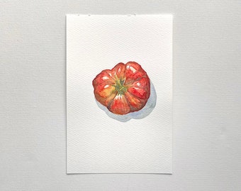 Ancestral tomato original watercolor red blue - cold pressed paper - fruit vegetable painting illustration - still life - wall decoration