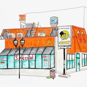 La Pataterie Illustrationszeichnung Montreal – Snackrestaurant rue Ontario – Druckstadt (Montreal, Quebec, Kanada) – HOLZBLEISTIFT
