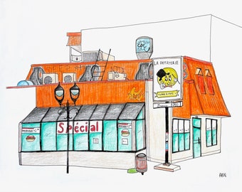 Illustration drawing Montreal - La Pataterie snack restaurant rue Ontario - urban city illustration (Montreal, Quebec, Canada)