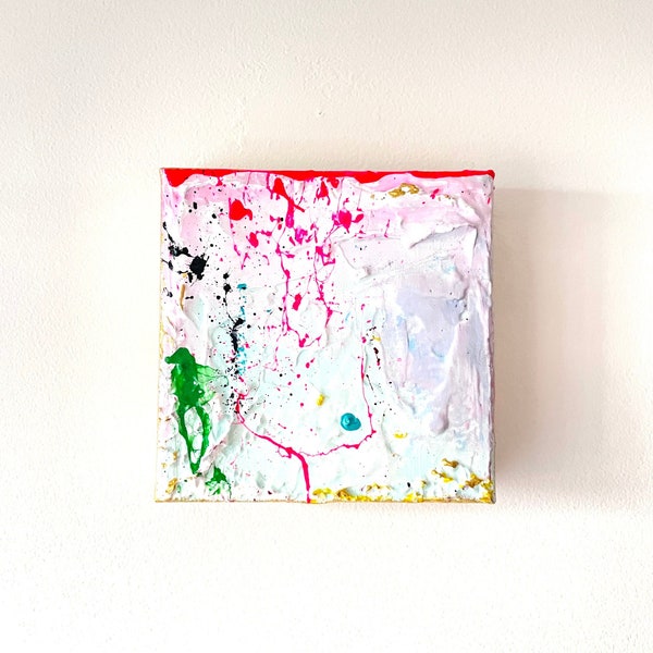 Peinture abstraite rose colorée - petite oeuvre originale - peinture carrée avec texture - rose, vert - Les sept branches de la rivière Ōta