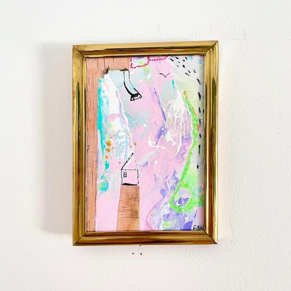 Peinture abstraite ludique - Petite toile acrylique ludique maison - art mixte rose vert, mauve - écorce de bouleau - En haut tout est beau