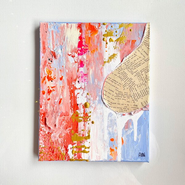 Féministe collage sein peinture abstraite  - art mixte relief texte et texture féminin - orange, bleu, blanc, or, doré, blanc - Ocytocine 3
