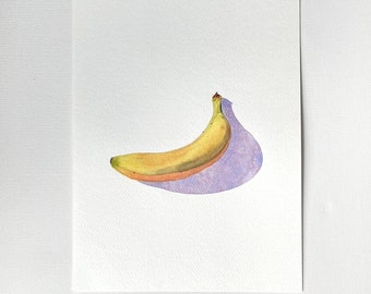 Original yellow and purple watercolor banana - cold pressed paper - hand painted fruit still life illustration - wall decoration