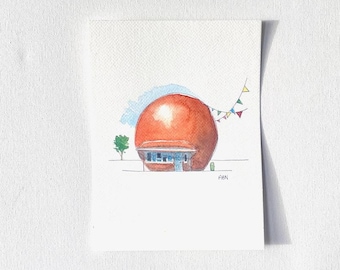 Aquarel Montreal JULEP oranje ORIGINEEL - snackbar Montreal, Quebec, Canada - stadsschilderij origineel gebouw gibeau cote-des-neiges