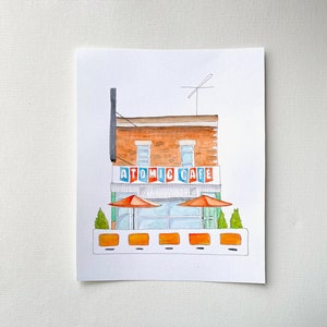 Atomic Café Montreal Acquerello ORIGINALE - ristorante edificio rue Ontario, Hochelaga, Montreal, Quebec, Canada - illustrazione della città arancione