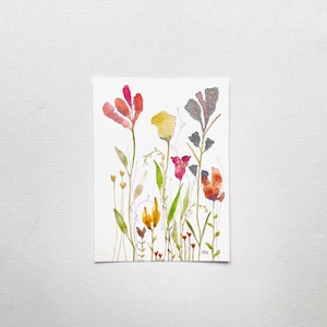 Fleurs aquarelle ORIGINALE - jardin métallique minimaliste vert rouge jaune - peinture fleurs unique décoration murale - tulipes brillant