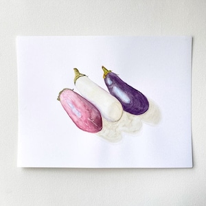 Auberginen-Gemüse-Aquarell lila lila - ORIGINAL kaltgepresstes Papier - Handstillleben-Malerei-Illustration - Wanddekoration