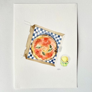 ORIGINAL Aquarell PIZZA - Margarita Italien Limonade - Montreal, Quebec, Kanada - Essen und Futter Malerei - Jean Talon Vert Markt