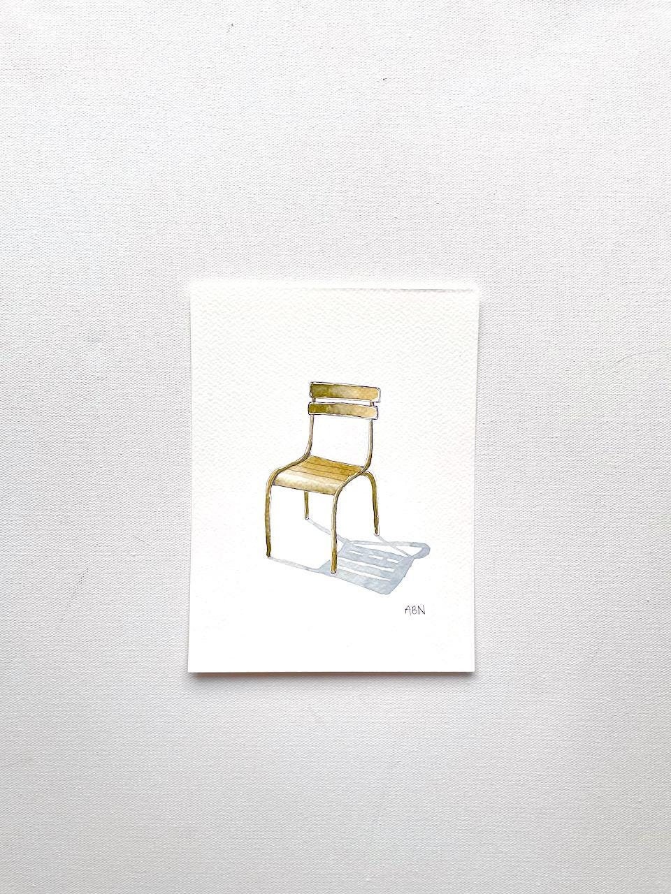 ORIGINELE aquarel Luxemburgse stoel - geelgroene vintage objecttekening - minimalistische illustratie Parijs parkfauteuil - Parijse tuinen