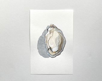 Oyster original watercolor gray monochrome - cold pressed paper - illustration painting food still life by hand - wall decoration