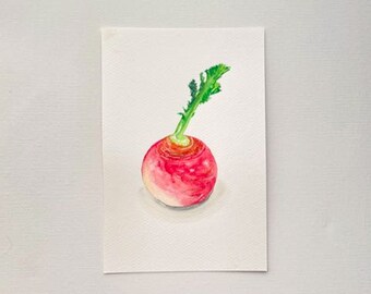 Radijs originele aquarel rood roze groen - koudgeperst papier - fruitgroente schilderij illustratie - stilleven - keuken wanddecoratie