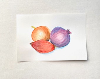 Uien groenten aquarel paars mauve - ORIGINEEL koudgeperst papier - handstilleven schilderij illustratie - wanddecoratie