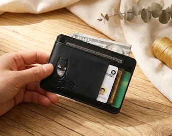 Cartera de identificación de murciélago para hombre: tarjetero minimalista de bolsillo frontal con diseño recortado de ojo de superhéroe.