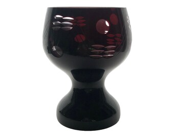 Vintage Gothic Dark RUBY RED Chalice Wine Glass Goblet Cup Roemer Hock Cut-to-Clear Lead Crystal Prodcomplex Tîrgu Mureș Romania 1970s Retro