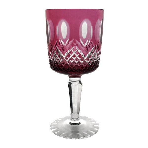 Vintage CRANBERRY RED PINK Wine Glass Goblet Hock Cut-to-Clear 24% Lead Crystal Beyer Kristallglas Bavaria Germany German 1980 Unusual Shape