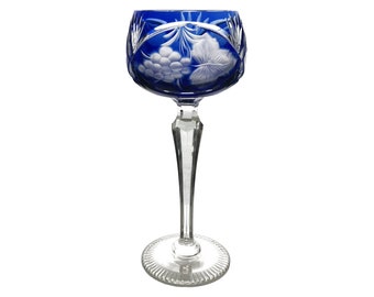 Vintage COBALT Royal BLUE Wine Glass Goblet Hock Cut-to-Clear 24%PbO Lead Crystal VEB Glaswerk Döbern Doebern Brandenburg Germany 1980 Retro