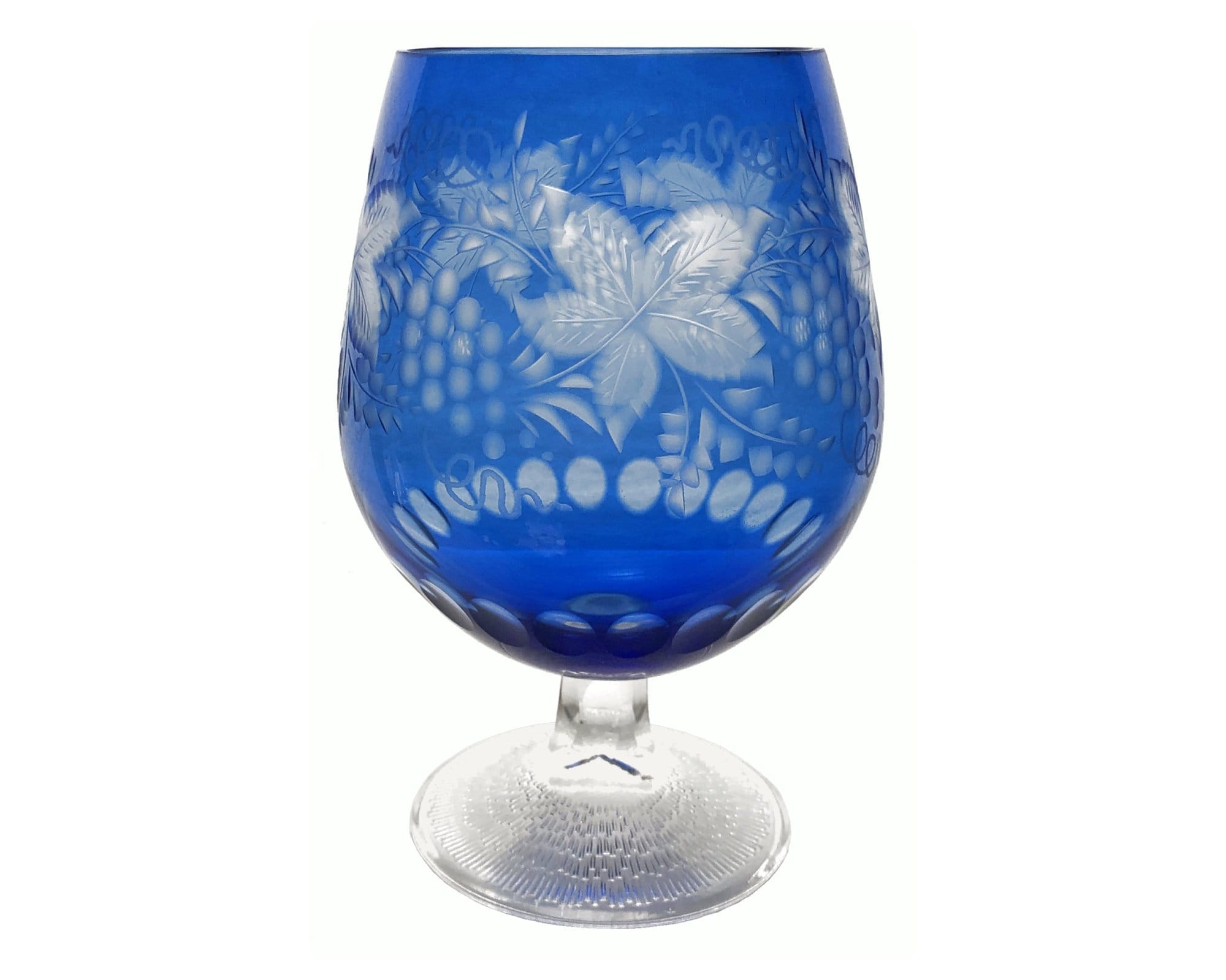 上質なコバルトブルーの脚付きローズボウルガラス花瓶、カットトゥ