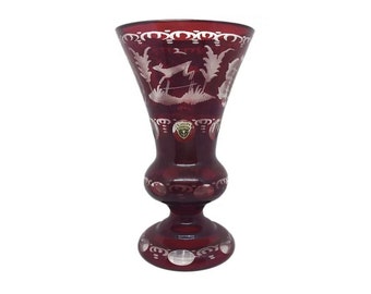 RUBY RED Stained Vase Glass Cut-to-Clear CRYSTAL Bohemian German Deer, Dove & Grouse Firma Ernst Wittig Baroque Rocailles Dots + Curlicues