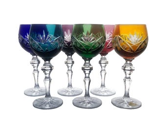 Complete Set of 6 RAINBOW HARLEQUIN Wine Glasses Goblets Hocks Cut-to-Clear 24% Lead Crystal Beyer Kristallglas Bavaria Germany 1980 Vintage