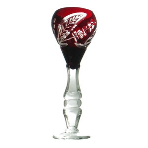 Vintage Deep RUBY RED Cordial Glass Hock Cut-to-Clear Lead CRYSTAL Prodcomplex Tîrgu Mureș Romania 70s Retro Mimosa Blossoms Stylized Leaves