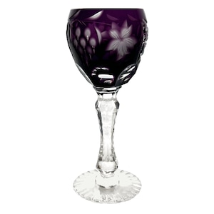 Vaso de licor vintage color púrpura amatista, tallado transparente, cristal de plomo al 24%, AnnaHuette, Baviera, Alemania, años 80, estilo retro, patrón de uvas Traube.