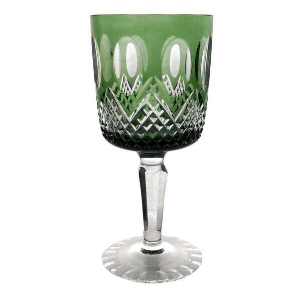 Vintage EMERALD GREEN Wine Glass Goblet Hock Cut-to-Clear 24% Lead Crystal Beyer Kristallglas Bavaria Germany German 1980s Unusual Shape