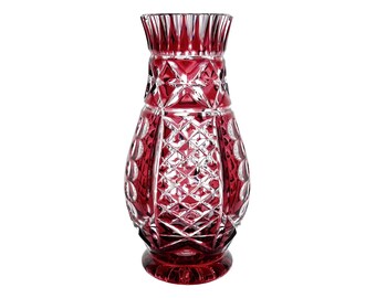 Schwere CRANBERRY RED PINK Vase Cut-to-Clear 24% Bleikristall Bavaria Deutschland Deutsch Vintage Retro 1980er Stapel Ovale Rautenmuster Stern