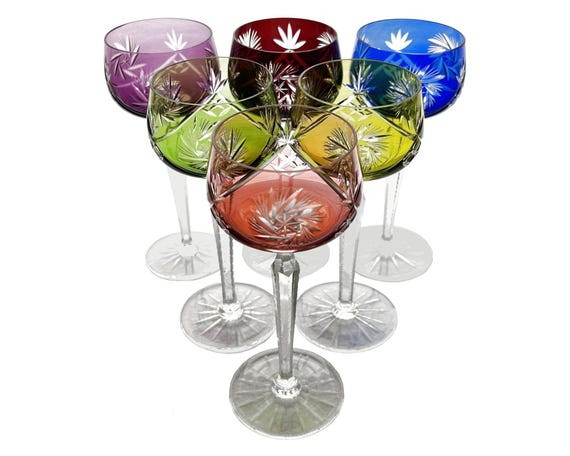 Antique Set of 6 RAINBOW HARLEQUIN Wine Glasses Goblets Hocks Cut-to-Clear  24% Lead Crystal Silesia Germany Poland 1930s Pinwheel Complete