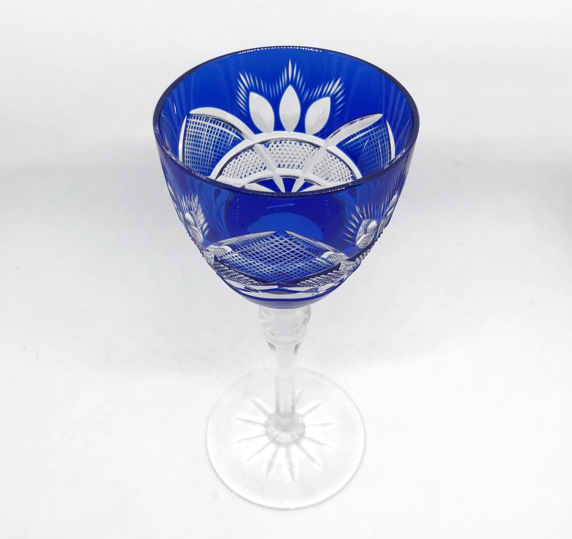 Vintage COBALT BLUE Wine Goblet Glass Hock Cut-to-clear Full | Etsy