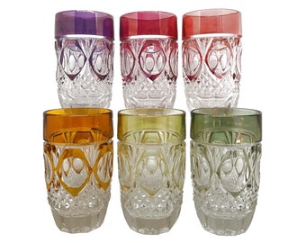 Complete Set 6 RAINBOW HARLEQUIN Long Drink Highball Glasses Pressed & Flashed Lead Crystal Hofbauer Kristall Bavaria Germany 1980s Vintage