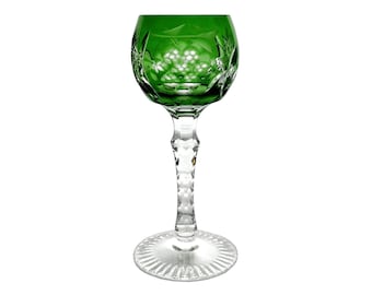 MOSEL Grape EMERALD GREEN Cordial Hock Glass Cut-to-Clear 24% Lead Crystal Beyer Kristallglas Neustadt Waldnaab Bavaria Germany 1980 Vintage