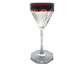 Antique Deep RUBY RED Wine Goblet Hock Glass Cut-to-Clear 24% PbO Lead Crystal Panel Cut 1920s Theresienthal Zwiesel Bavaria Germany HANSA