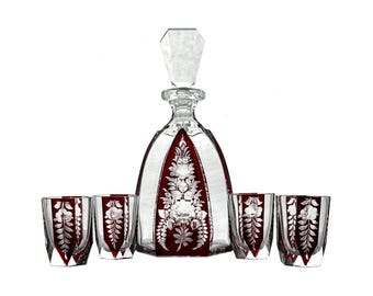Antique DEEP RUBY RED Liqueur Decanter Set Cut-to-Clear 24% Lead Crystal Josephinenhuette Szklarska Poreba Silesia 1920s Alexander Pfohl 374