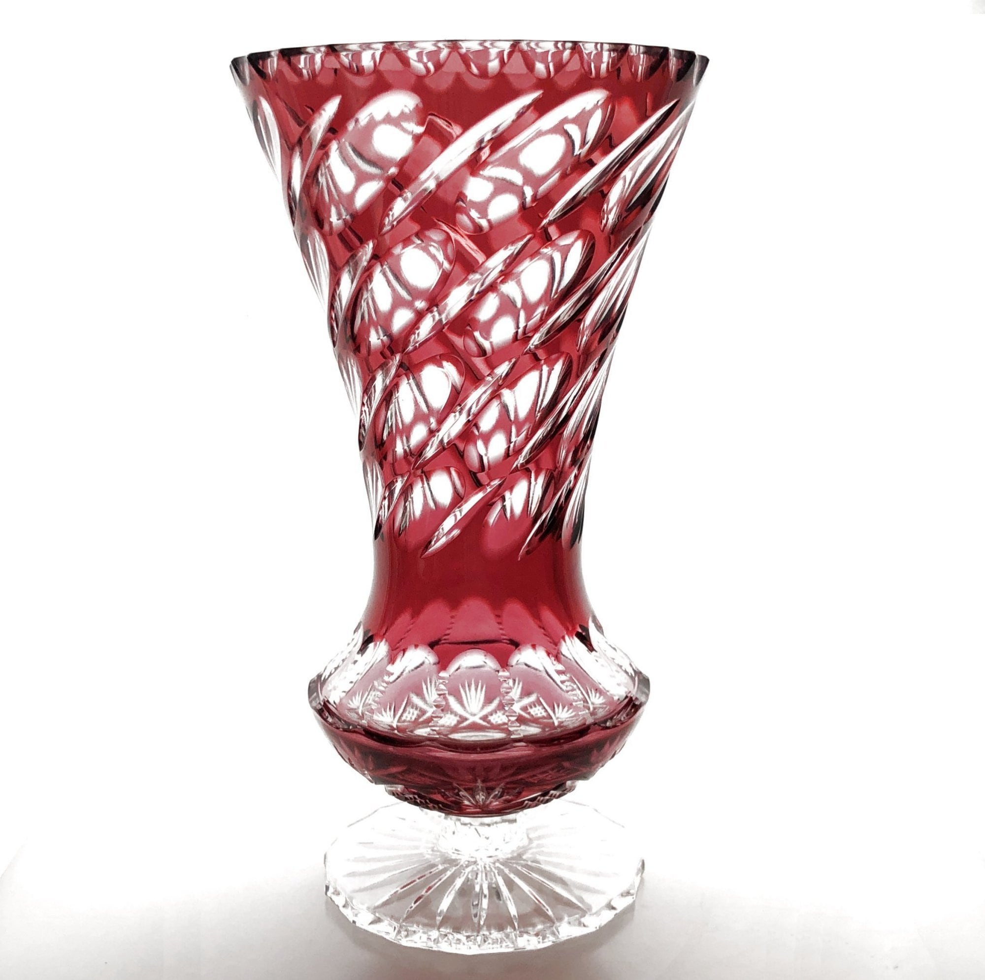 Massive CRANBERRY RED PINK Footed Vase Cut-to-clear Cased 24% Lead