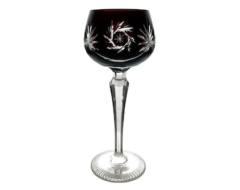 Vintage DEEP RUBY RED Wine Glass Goblet Hock Cut-to-Clear 24% Lead Crystal Lusatian Lausitzer Glas East Saxony Germany 1980s Pinwheel Star