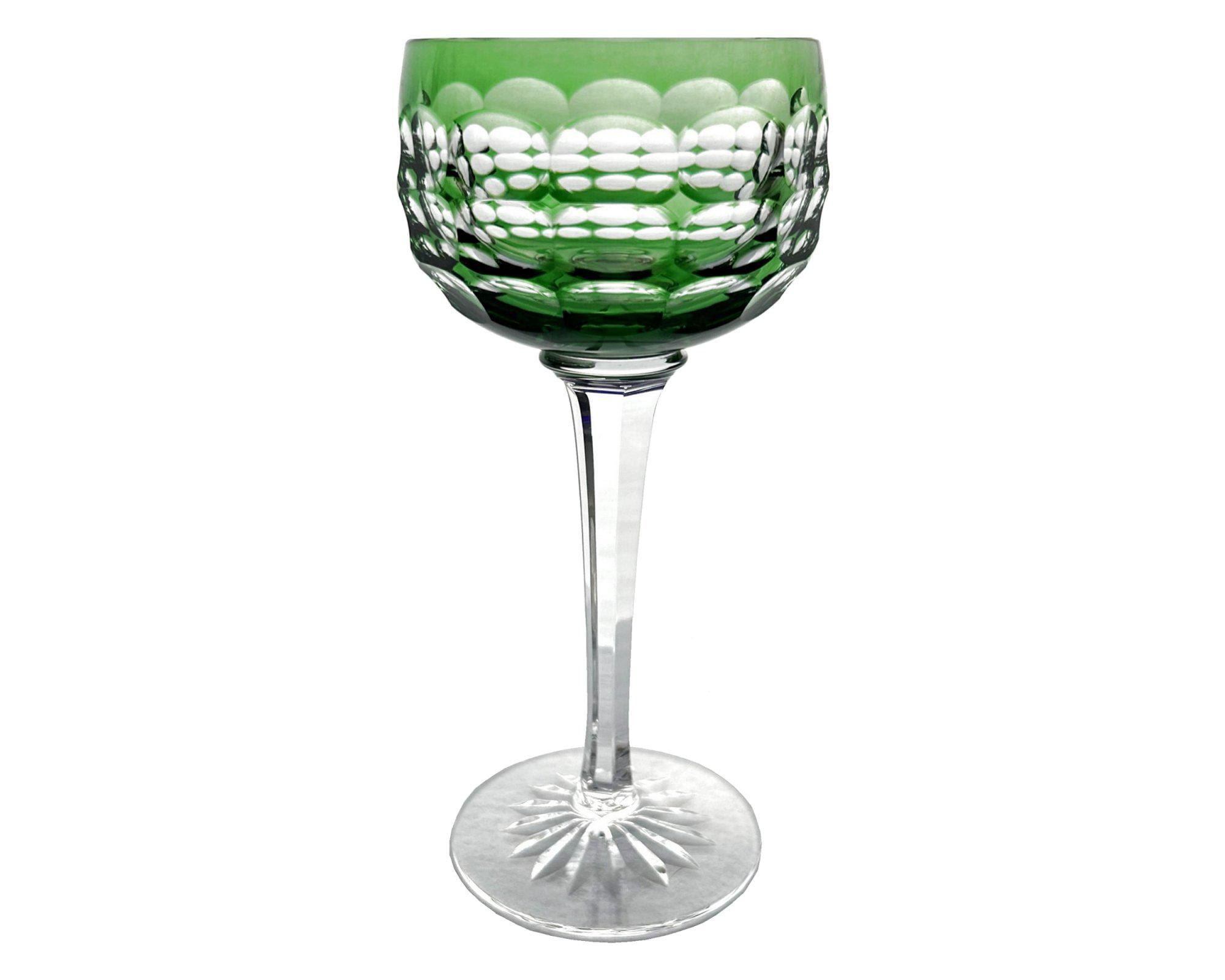 Vintage EMERALD KELLY GREEN Wine Glass Goblet Hock Cut-to-Clear 24% Lead Crystal Josephinenhuette Schwaebisch Gmuend Germany Oval Dots 1970s